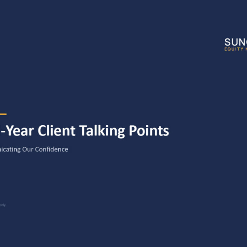 Slide title: 'Mid-Year Client Talking Points' with subtitle 'Communicating Our Confidence' on a dark blue background; Suncoast logo top-right; small orange accent line and July 2026 note (Internal Use)